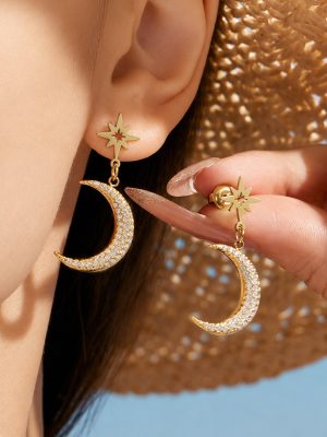 Light Luxury Stainless Steel 18K Gold Star Moon Zircon Necklace Clavicle Chain Earrings Bracelet Female Accessories Set