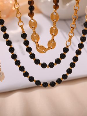 New Vintage Court Stainless Steel Gold Plated Natural Tigereye Freshwater Pearl Handmade Beaded Necklace