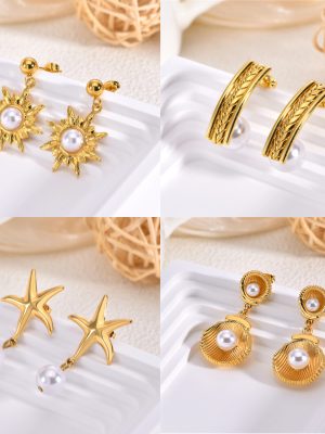 Gold-colored pearl stainless steel earrings, high-end drop earrings, exaggerated tassel earrings, design ear studs for women, gold-plated