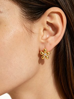 Simple Flower Rhinestone-Embedded Stud Earrings Women Elegant Stainless Steel 18K Gold Plated Earring Ornament