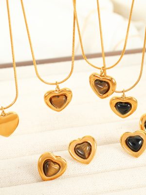 French Retro Design Glass Stone Tigereye Love Jewelry Set Women's Simple Advanced Clavicle Necklace