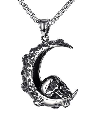 Punk Vintage Moon Skull Necklace Personality Moon Skull Pendant Street Hipster Accessories