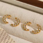 Earrings Stainless Steel Plated 18K Inlaid Zircon Personality Creative Crescent Moon Ear Bone Nail Small Ear Studs