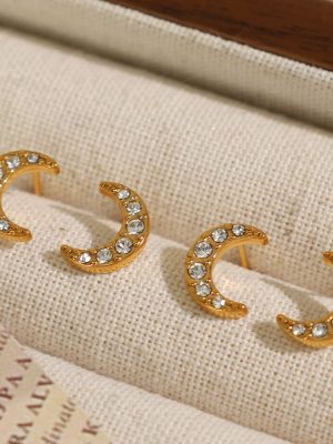 Earrings Stainless Steel Plated 18K Inlaid Zircon Personality Creative Crescent Moon Ear Bone Nail Small Ear Studs