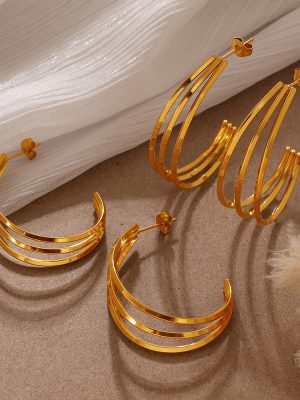 Temperament Wild Retro Exaggerated C- Shaped Earrings Stainless Steel 18K Gold Plating Minimalist Multi-Layer Earrings for Women