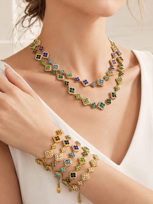 New Diamond Four-Leaf Flower Necklace Bracelet Earrings Women's Stainless Steel 18K Gold Plated Suit