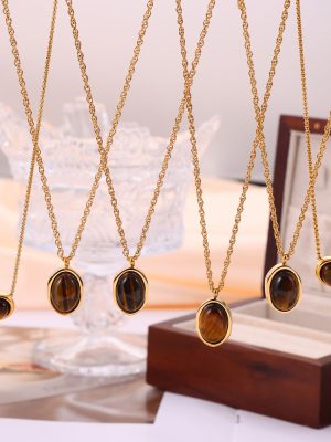 Retro Harbor Design Geometric Ornament Cold Temperament Tigereye Maillard Stainless Steel Necklace