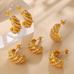 Diamond Twisted C- Shaped Earrings Stainless Steel 18K Gold Plating Advanced Three-Dimensional Spiral Earrings