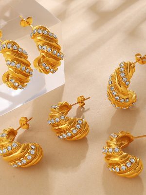 Diamond Twisted C- Shaped Earrings Stainless Steel 18K Gold Plating Advanced Three-Dimensional Spiral Earrings