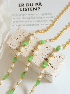 Thai Green Opal with Freshwater Pearl Stainless Steel Beaded Necklace Girls Jewelry