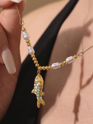 Colorful Oil Necklace Gold Koi Small Fish Beaded Necklace Earrings Ocean Personality Trendy Pendant
