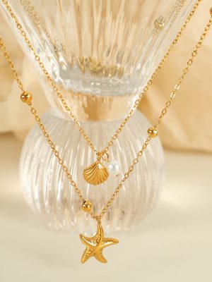 Stainless Steel High Color Retention Double-Layer Starfish Shell Summer Vacation Clavicle Chain Twin Necklace Vacuum Vapor Plating 18K Gold