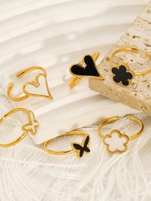 All-Match High-Grade Stainless Steel Clover Heart-Shaped Open Ring Women's Live Ring