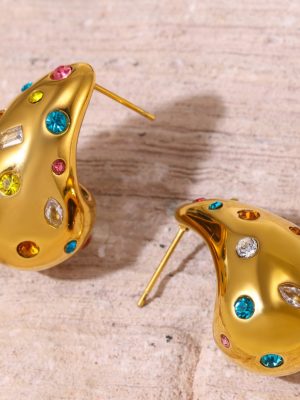 Drop-Shaped Full Diamond Inlaid Zircon Stud Earrings Stainless Steel PVD Electroplated 18K Real Gold Ear Rings Combination