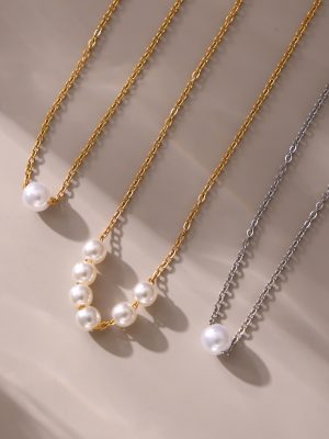 Light Luxury Exquisite Shell Pearls Necklace Women's Stainless Steel Plated 18K Real Gold Clavicle Chain Jewelry