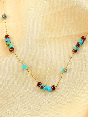 Stainless Steel Glass Bead Crystal Necklace Sweet Turquoise Natural Stone Necklace Personality Advanced Clavicle Chain