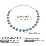 color: TXP611-Blue Glass Stone Flower Gold Necklace -32+2cm