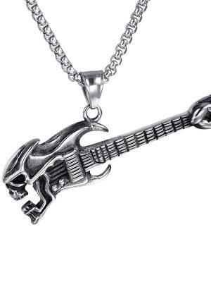 Skull Guitar Pearl Chain Necklace Stainless Steel Retro Pendant Ornaments