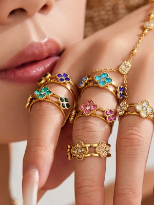 Light Luxury Color Zirconium Clover Stainless Steel 18K Gold Plating Open Ring Refined Grace Women's Bracelet
