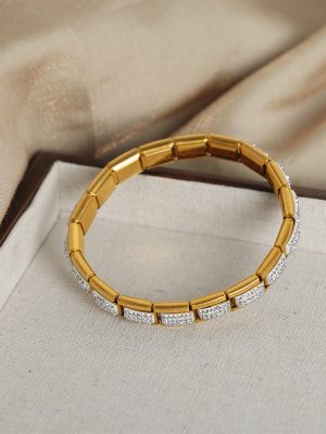 New High-Grade All-Match Light Luxury Stainless Steel Gold-Plated Diamond Square Elastic String Bracelet Ornament Women