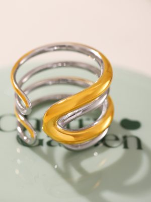 Cold Multi-Layer Line Open Ring Stainless Steel Electroplated 18K Real Gold Stylish Ornament