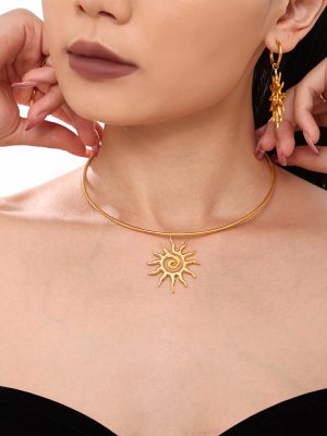 Spiral Sun Pendant Necklace Ins Earrings Light Luxury Stainless Steel Plated 18K Real Gold Ornament