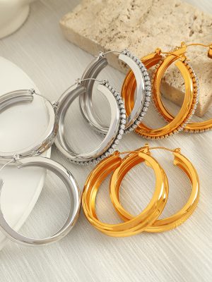 Light Luxury Design Versatile Retro Stainless Steel Zircon Earrings Big Circle Earrings Female Hollow out