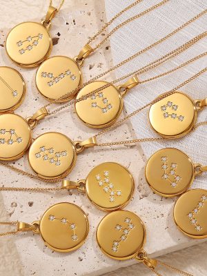 Stainless Steel Inlaid Zircon round Constellation Pendant Necklace Twelve Stars Female