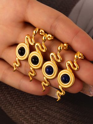 British Personalized Spirit Snake Shape Earrings Texture round Card Inlaid Natural Stone Agate Design Stainless Steel Studs