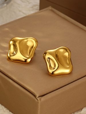 INS Same Style Stainless Steel Hammered Irregular Square Concave-Convex Stud Earrings 18K Gold Advanced Personalized Earrings