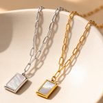 Natural White Sea Shell Stainless Steel Square Plate Pendant Necklace Simple High Quality Clavicle Chain Does Not Fade