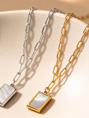 Natural White Sea Shell Stainless Steel Square Plate Pendant Necklace Simple High Quality Clavicle Chain Does Not Fade