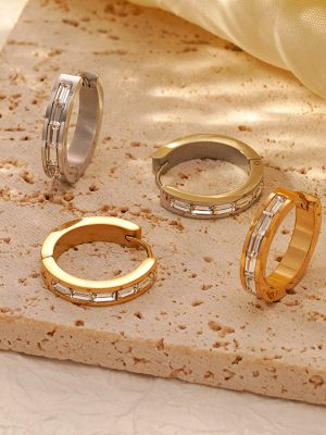Classic Gang Drill Stainless Steel Earrings Micro-Inlaid Ladder Square Zircon Personality All-Match Circle Ear Clip Earrings Brushed