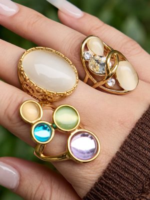 Stainless Steel Open Hollow Opal Ring 18K Gold Color Protection Advanced Light Luxury Ring