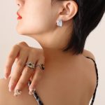 color: F642-Steel Color White Cat's Eye Stone Earrings