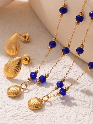 French Retro Starfish Shell Pendant Elegant Blue Necklace Ear Stud Stainless Steel 18K Gold Plated Light Luxury Jewelry Set
