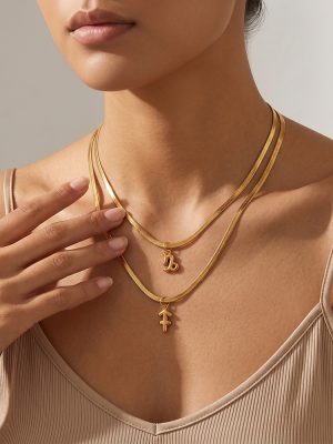 Simple Advanced Twelve Constellation Pendant Snake Bones Chain Necklace Stainless Steel Plated 18K Golden Lock