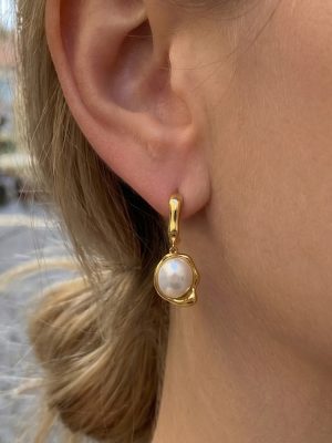 Stainless Steel Pearl Pendant C- Ring Earrings 18K Thick Gold Electroplated Exquisite Elegant Classic All-Match Earrings