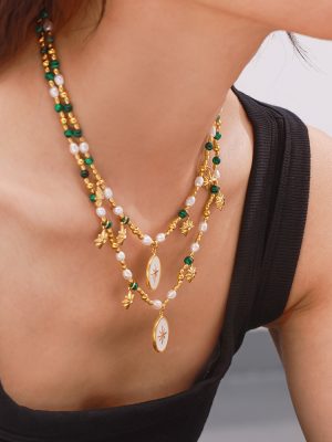 French Simplicity Elegant Graceful Freshwater Stringed Pearls Ornament round Brand Drop Oil Pendant Eight Awn Star Stainless Steel Necklace