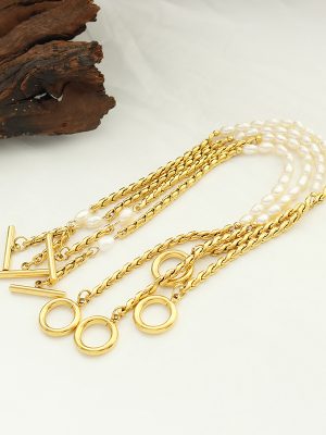 Korean Style Non-Fading Bracelet Ornament Commuter Freshwater Pearl OT Buckle Stainless Steel 18K Gold Plating Design Female