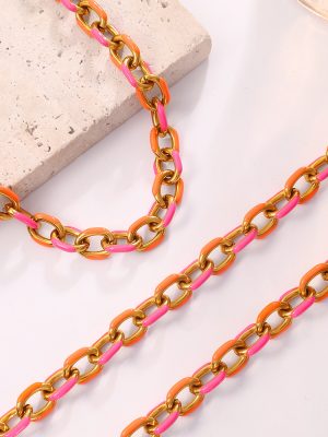 Contrast Color Chain Terms Simple Gold Necklace Stitching Orange Pink Two-Tone Sweet Cool Clavicle Necklace