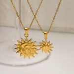 Stainless steel retro sun-ray necklace for women, high-end, versatile, with a personalized smiley face and moon pendant.