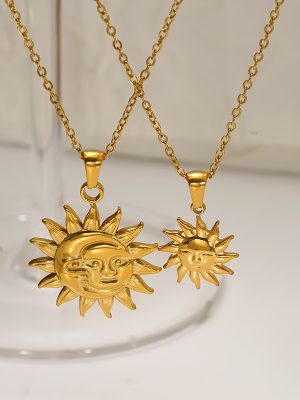 Stainless steel retro sun-ray necklace for women, high-end, versatile, with a personalized smiley face and moon pendant.