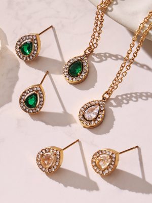 Flash Multi-Cut Zircon Pendant Stainless Steel Necklace Earrings Combination Exquisite Gorgeous Full Diamond Jewelry