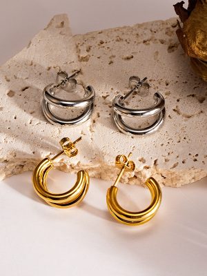 Stainless Steel Double C- Shaped Stud Earrings Commuter Earrings 18K Real Gold Women's Versatile Earrings