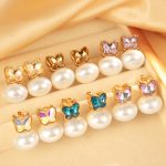 Twilight Mountain Stainless Steel Butterfly Pearl Stud Earrings Women's High-Grade Light Luxury Earrings Colorful Diamond Earrings