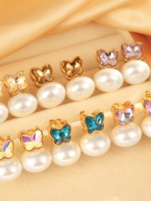 Twilight Mountain Stainless Steel Butterfly Pearl Stud Earrings Women's High-Grade Light Luxury Earrings Colorful Diamond Earrings