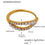 color: A030-Gold White Rhinestone Shell Pearl Ring / size: US 7