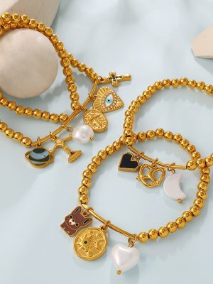 Retro Affordable Luxury Cross Devil Eye DIY Multi-Pendant Gold Beaded Bracelet Sweet Cool Bracelet