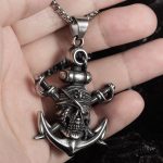 New Double Sword Pirate Man's Stainless Steel Necklace Halloween Skull Boat Anchor